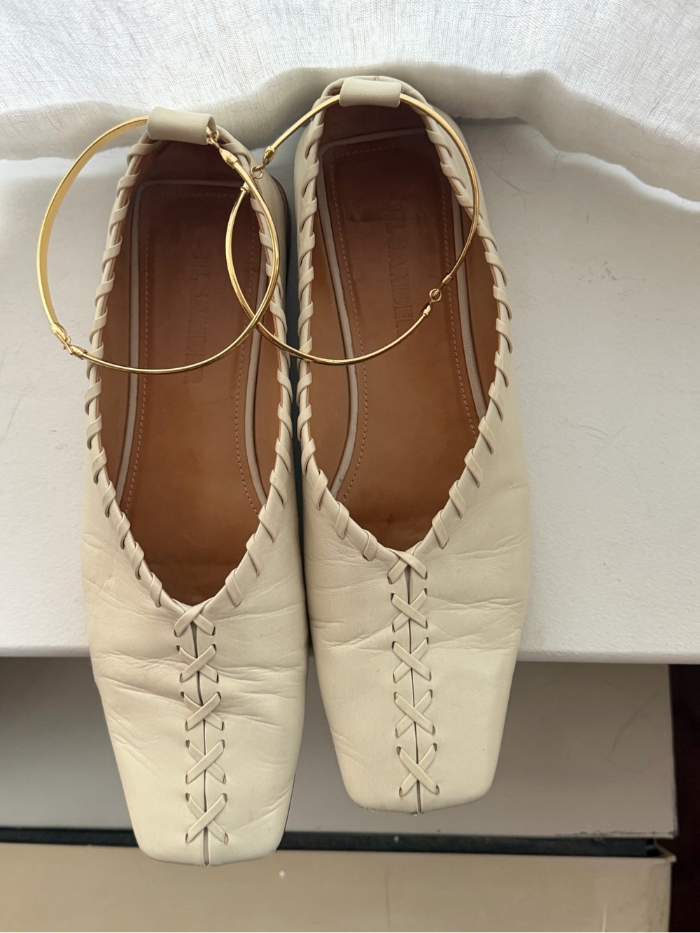 Jil Sander Cream Leather Whipstitch Ballet Flats